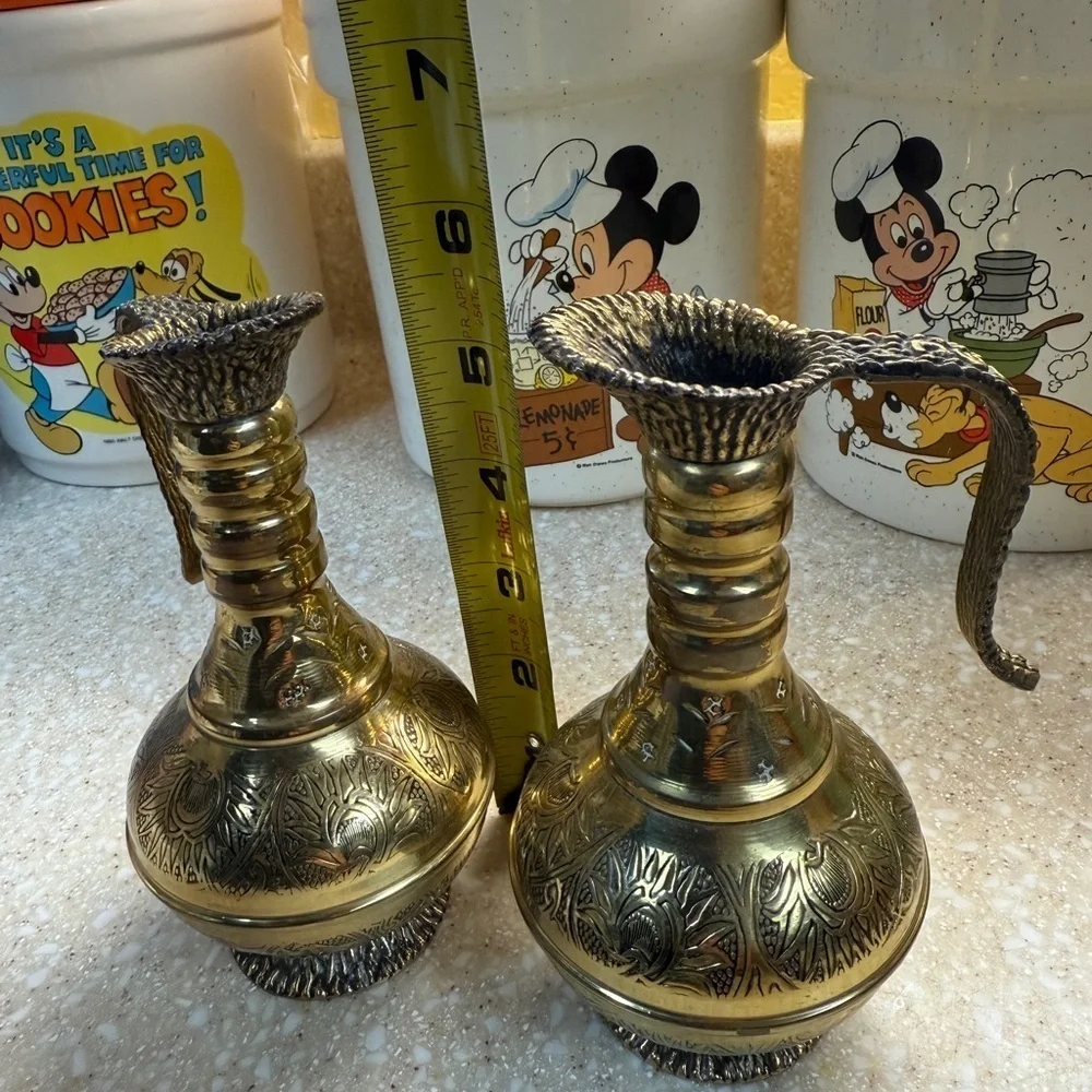 Vintage Gold Tone Brass Etchied Jerusalem Israel Pitchers Set of 2 Small Pourer